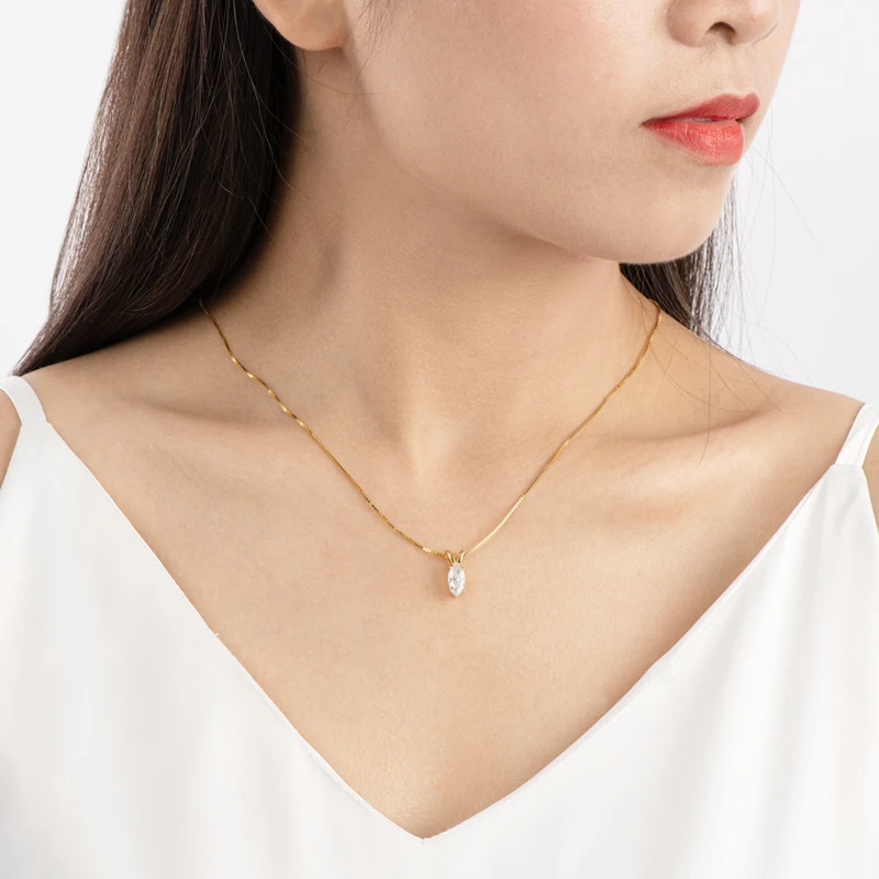 100% 925 Sterling Silver Crystal Marquise Cut Zircon Pendant Necklace for Women Luxury White Gold Chain Necklace Wedding Jewelry