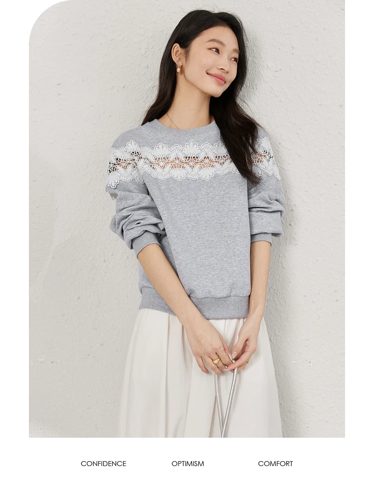 VIMLY Women's Sweatshirt 2025 Spring Autumn Casual Fashion Splicing Hollow Lace Grey Long Sleeve Loose Top Ladies Clothes A0513