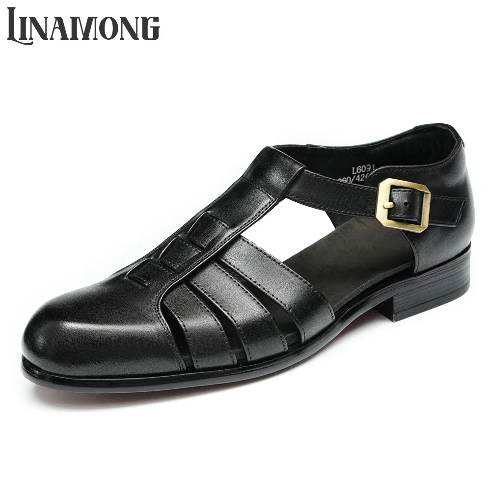 Braided Genuine Leather Gladiator Sandals for Men Ankle Buckle Hollow Summer Leather Shoes Breathable Closed Toe Leather Shoes
