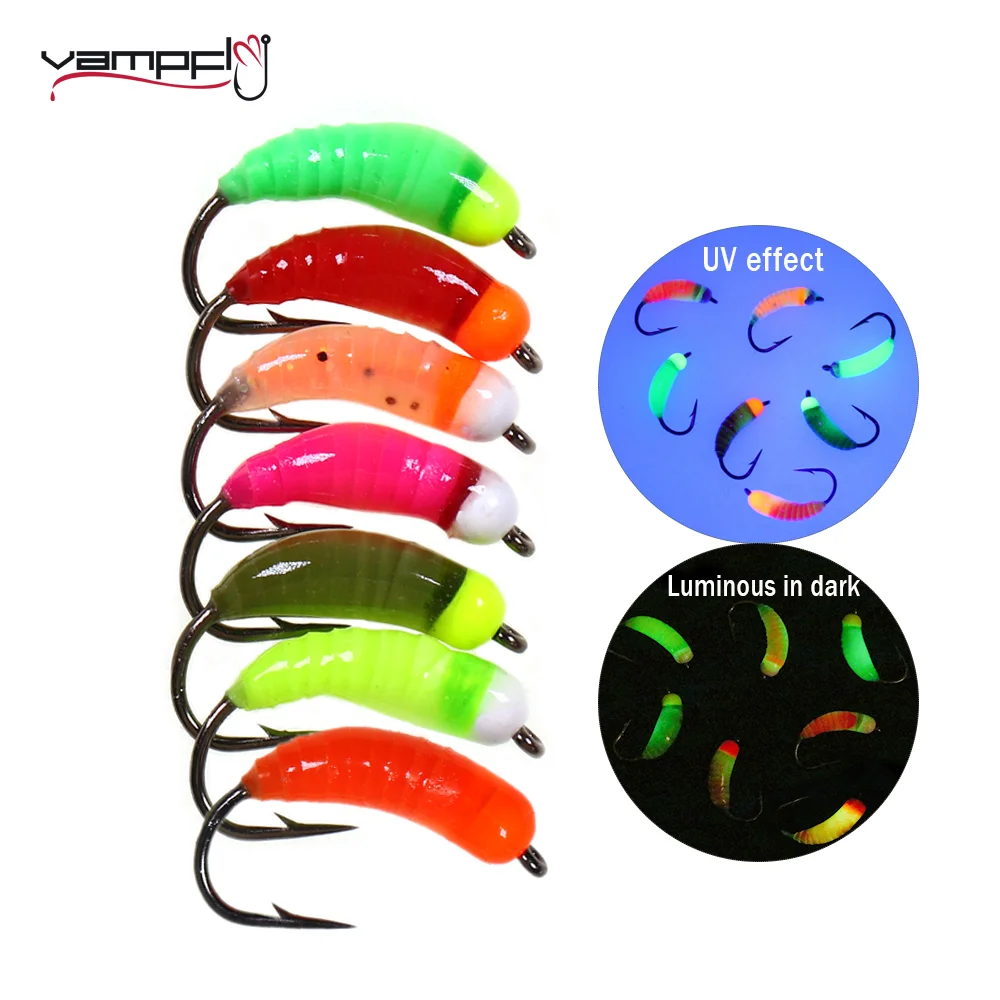 

Vampfly 7pcs/8pcs Ice Fishing Tungsten Bead Head Nymph Flies Luminous Scud Bug Worm Fly Caddis Insect Baits Trout Fishing Lure