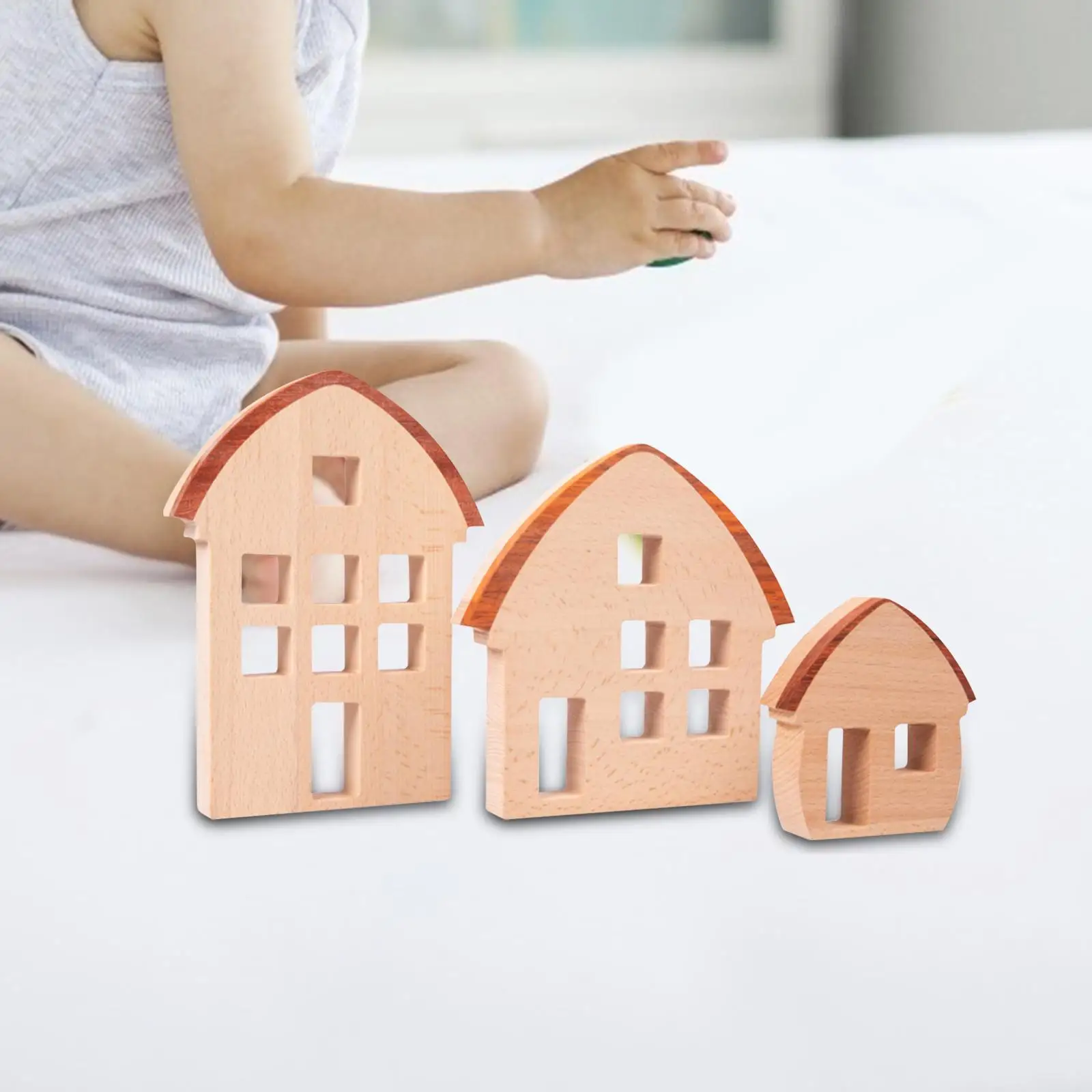 3x ไม้ House Blocks Centerpiece ตกแต่ง Building Blocks ชุด Montessori