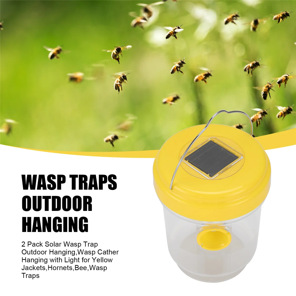 Paquete de 2 trampas solares para avispas para colgar al aire libre, colgante de basura con luz para chaquetas amarillas, avisos, abejas, trampas para avispas BLJS