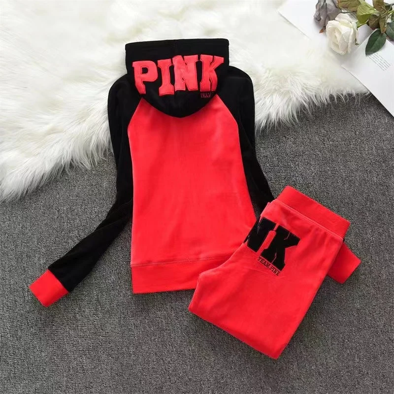 Contrast Color Long Sleeve PINK Velvet Tracksuit 2024 Women\'s Hooded Sweatshirt and Pants Set Casual Tracksuit