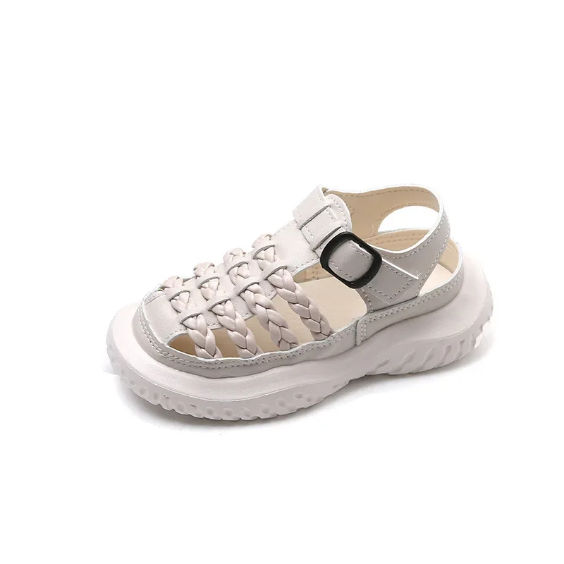 

2025 Summer New Children Sandals for Girls Fashionable Korean Style Soft Bottom Anti-slippery Versatile Woven Roman Beach Shoes