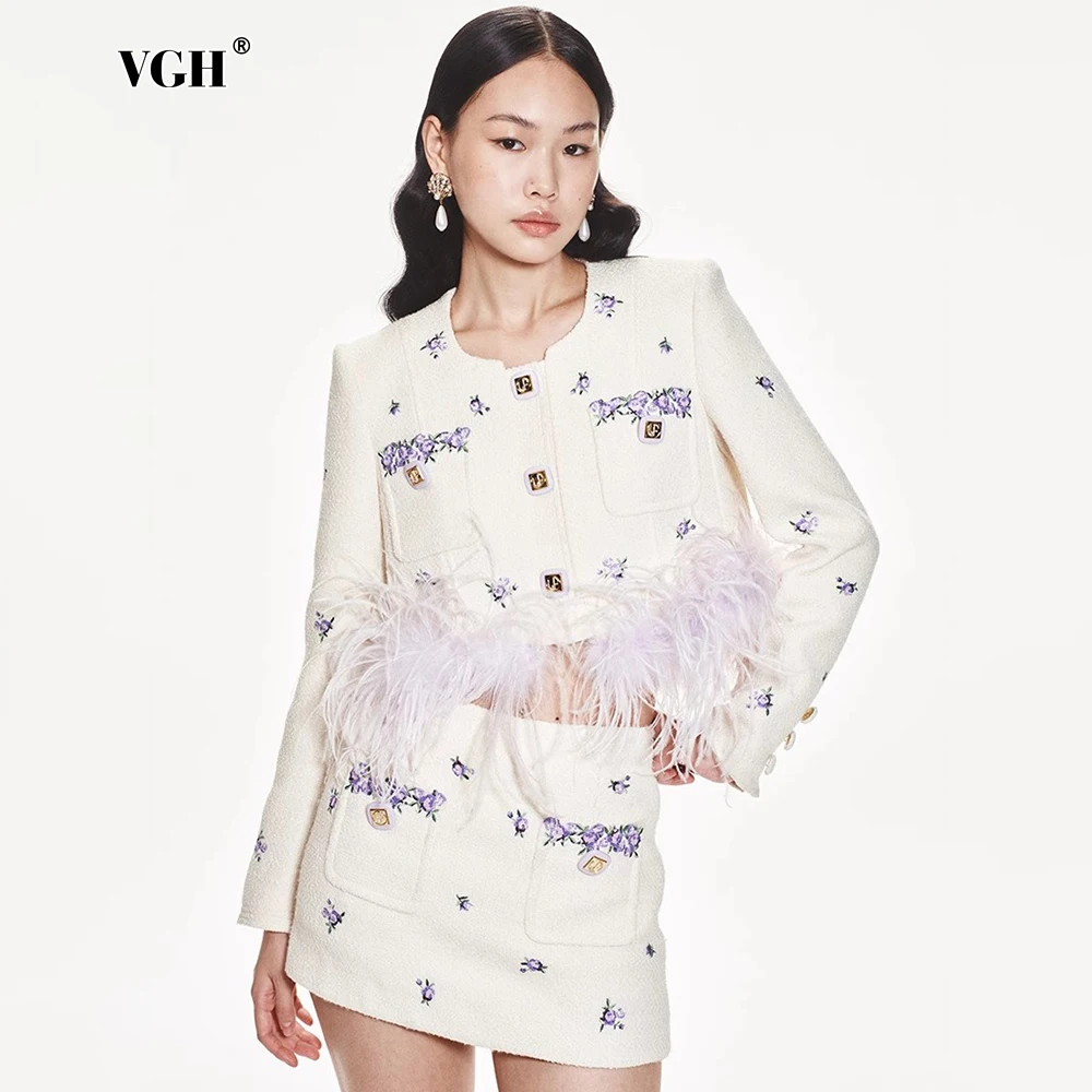 

VGH Hit Color Two Piece For Women Round Neck Long Sleeve Spliced Feather High Waist Short Skirt Chic Elegant Set Female Fashion