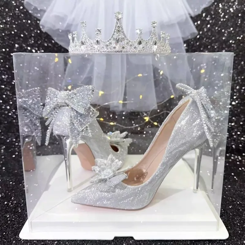 Kristall Schleife Prinzessin High Heels Silber Einzelne Schuhe Frauen Spitzschuh Stiletto Hauptschleier Braut Hochzeit Schuhe