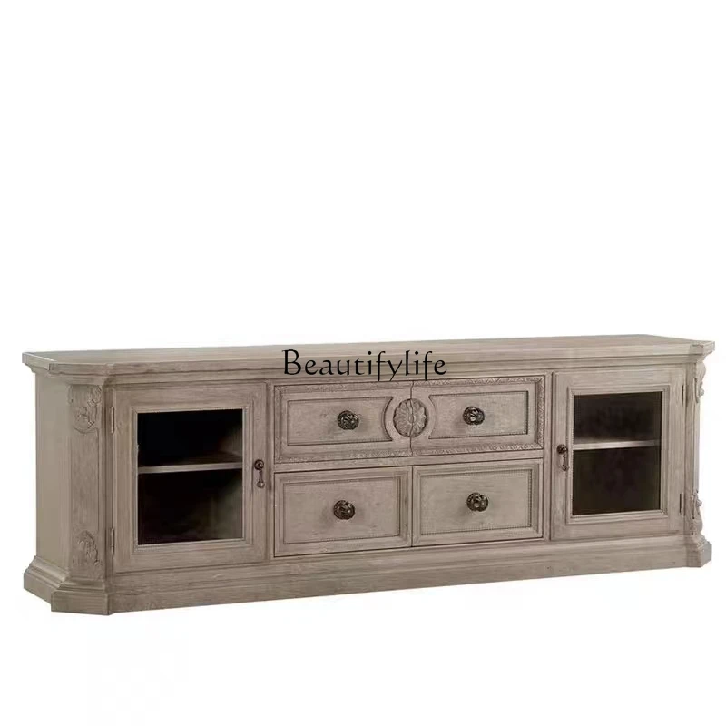 

American art architecture revival TV cabinet solid wood carving flower American old storage cabinet