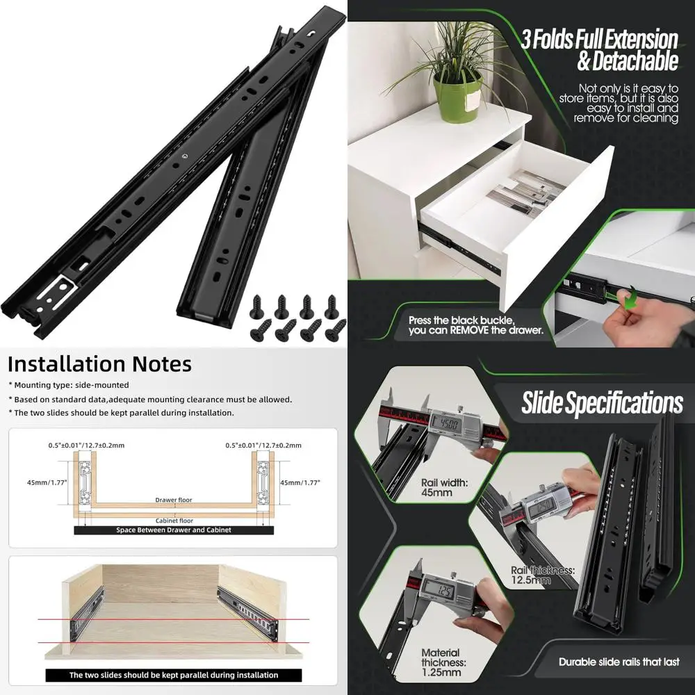 

10 Pair Heavy-Duty Extension Slides for 8-24 Inch Drawers, 100 LB Load Capacity, Side Mount, Black