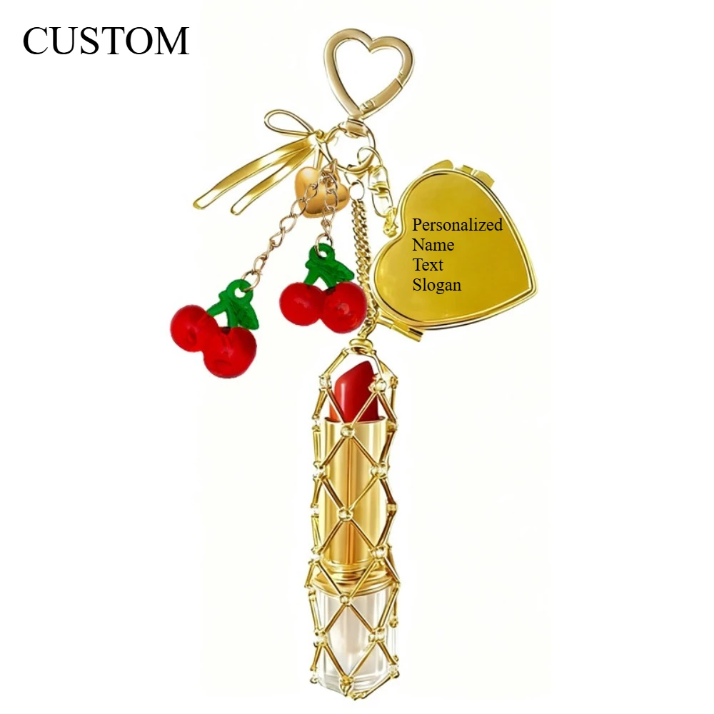 

Custom Golden Metal Cherry Red Lipstick Net Bag Car Keyring Accessory Fashion Hanging Backpack Keychain Decorated Pendant Gift