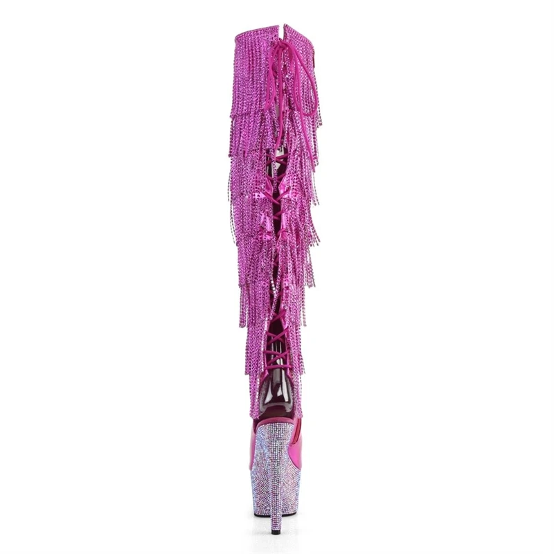 Gold Gothic Stripper Heels Over The Knee Boots 7Inch Fringe Rhinestone High Heels Exotic Dancer 17cm Over The Knee Boots Catwalk