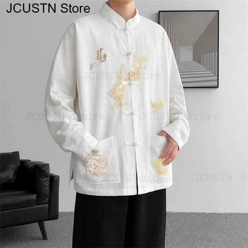 New Chinese Style Top Man Tradition Tang Clothes Long Sleeve Qipao Top Autumn Spring Hanfu Jacket Embroider Dragon Shirt