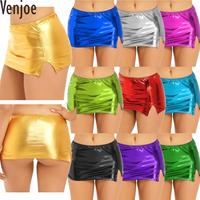 Women Metallic Faux Leather Split Skirt Wet Look Hip Skirt Low Waist Shiny Stretchy Miniskirt Nightclub Pole Dancing Costume