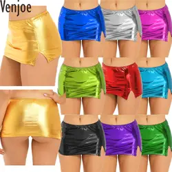 Women Metallic Faux Leather Split Skirt Wet Look Hip Skirt Low Waist Shiny Stretchy Miniskirt Nightclub Pole Dancing Costume