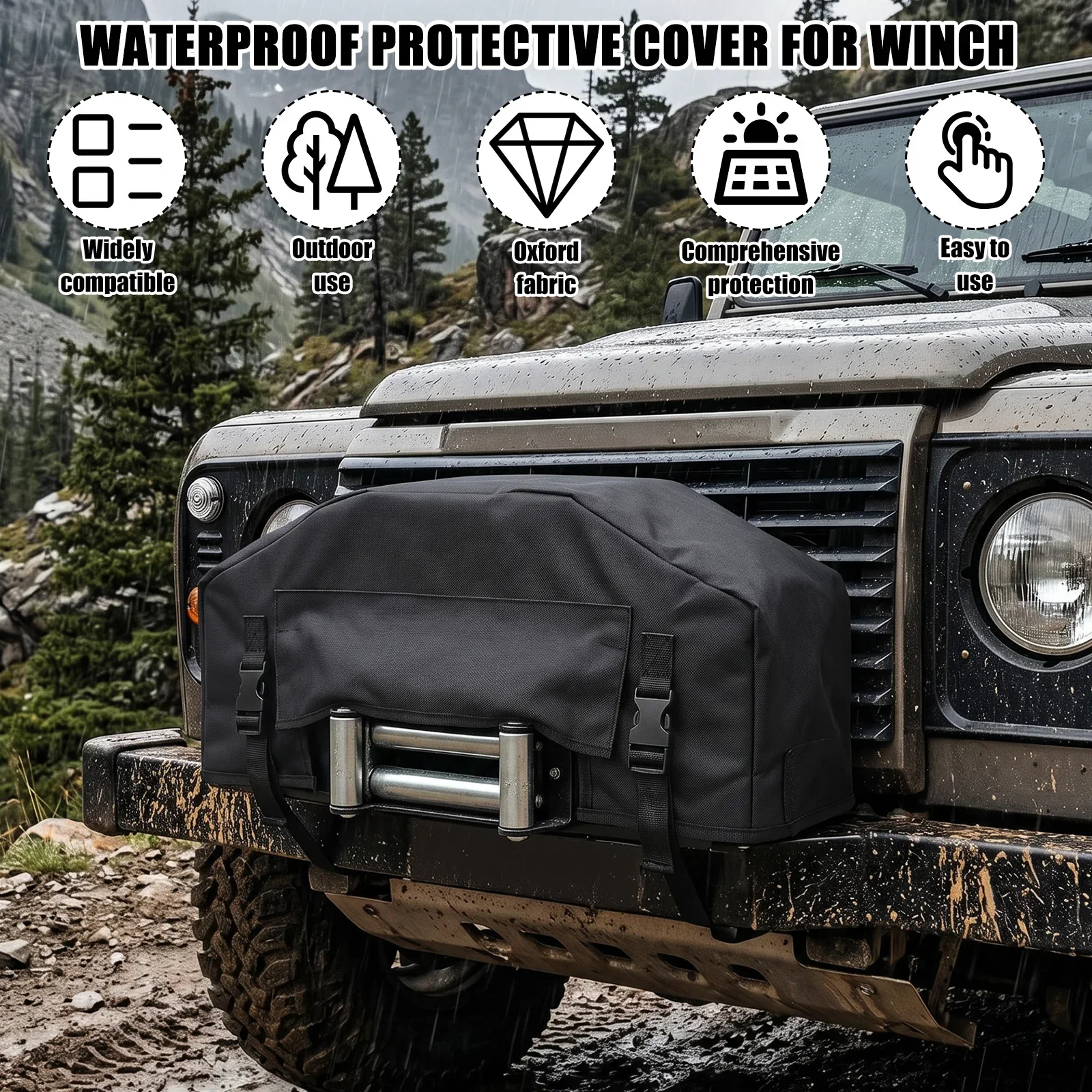 Winch Cover 8000-12000 Lbs Waterproof Oxford Fabric Universal Electric Winch Protector Heavy Duty Dustproof Case for SUV 4x4 Off