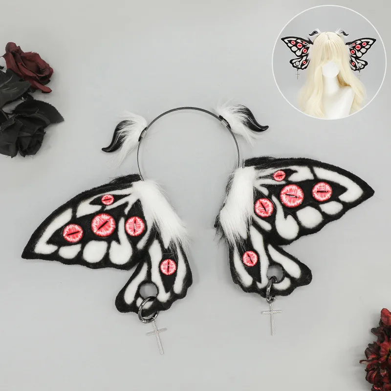Women Girls Fantasy Evil Eye Headdress Plush Moth Ears Hairband Furry Lolita Headband Anime for Halloween Cosplay Accessories