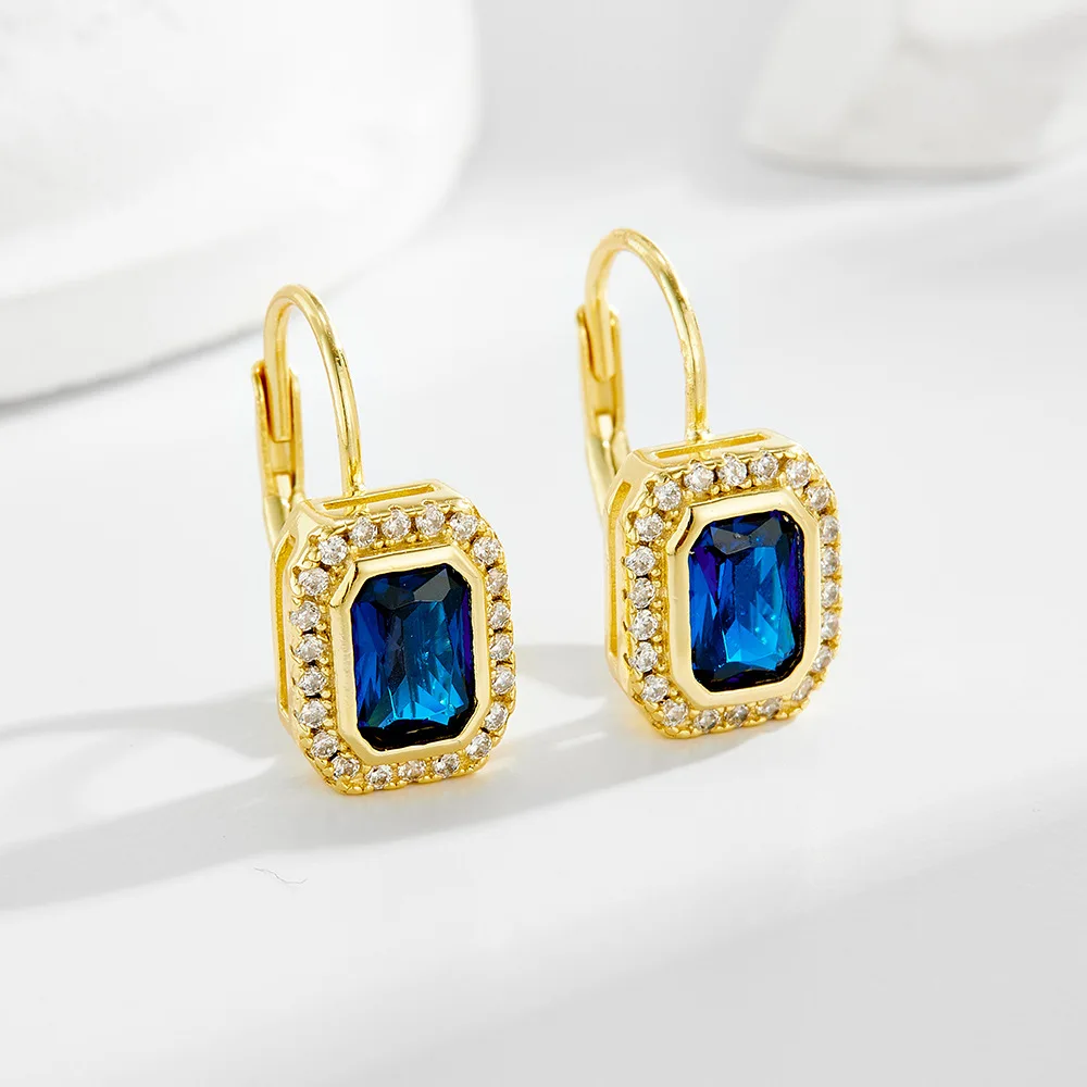 Withered S925 Pure Silver Plated With Real Gold Diamond Studded Earrings Square Zirconia Earrings