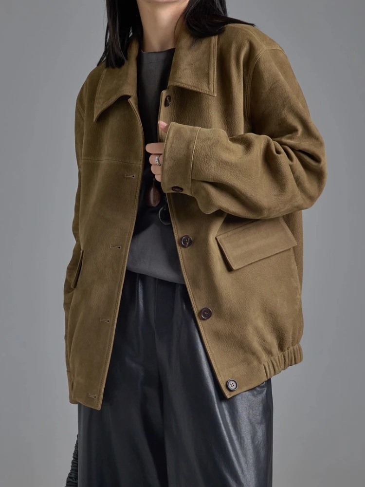 سترة كلاسيكية من الجلد الطبيعي للنساء لخريف وشتاء الراقية بسيطة واحدة الصدر من جلد الماعز الحقيقي