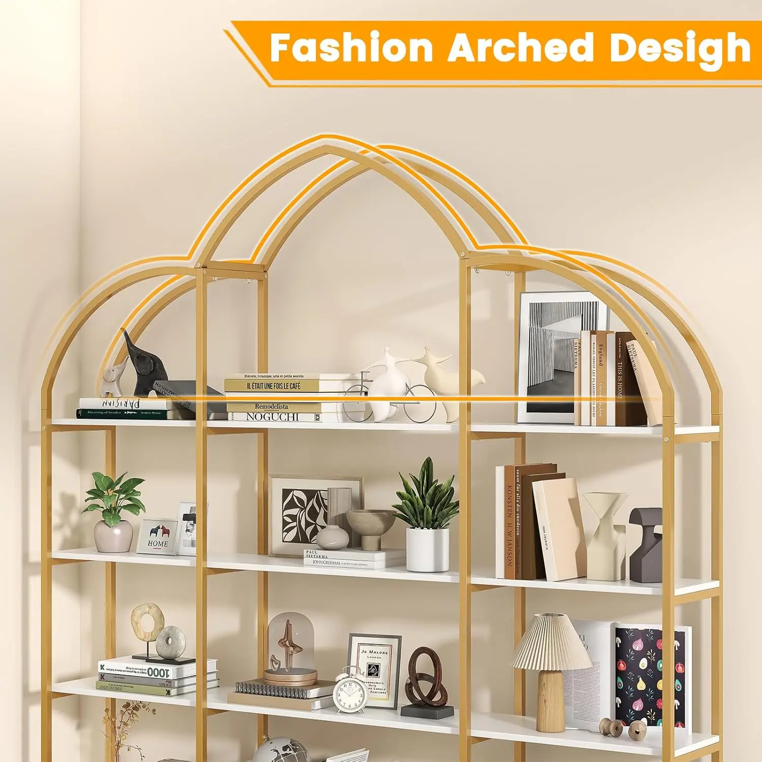 Semoic Arched Bookshelves and Bookcases: Triple Wide 5-Tier Large Open Bookshelf, Etagere Bookcase with Display Shelf for Home O