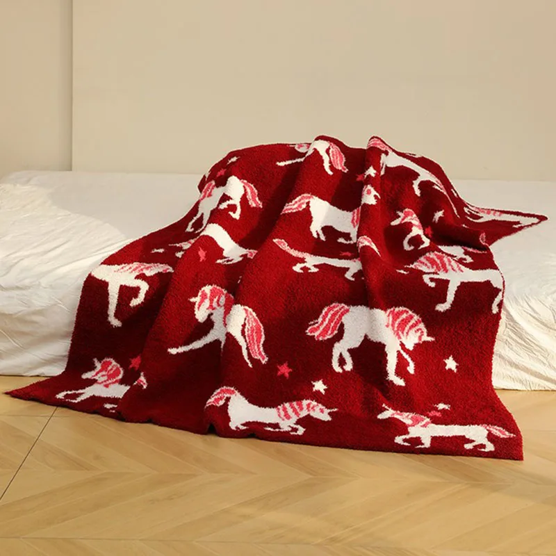 American Class-A Half Fleece Red Blanket Cute Cartoon Unicorn Multi-Purpose Blanket for All Seasons Warm Cozy Thickened Quilt