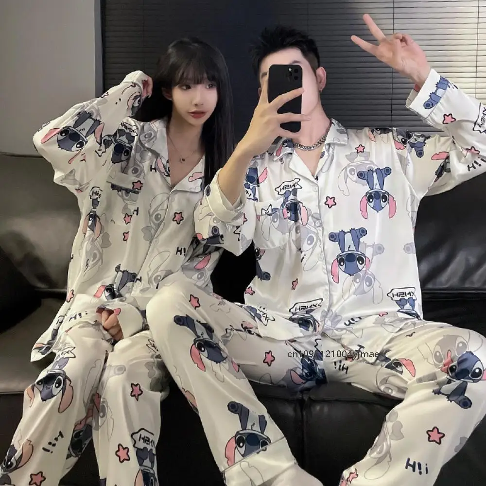 Kawaii Stitch Couple Pajamas Woman Men Spring Autumn Cute Long Sleeved Kuromi Pyjamas Sets Loose Home Wear Trousers Suit Gift