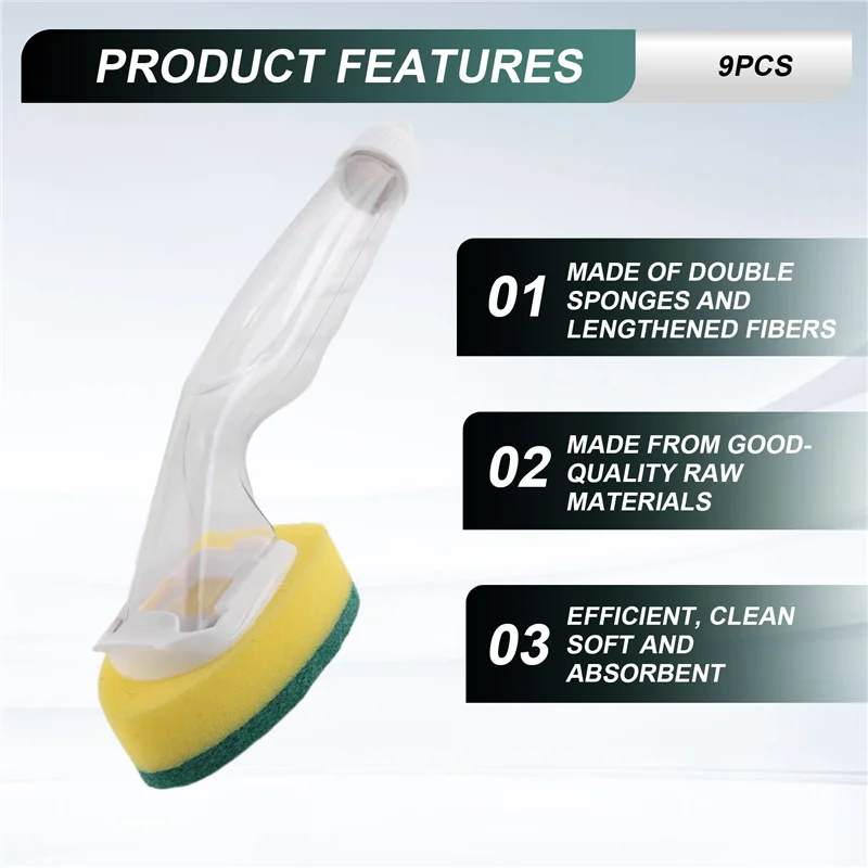 A59E-إسفنجة عصا غسيل الأطباق شديدة التحمل، إسفنجة غسيل الأطباق بمقبض، حوض أطباق غير قابل للخدش وقابل لإعادة الاستخدام (9 قطع)