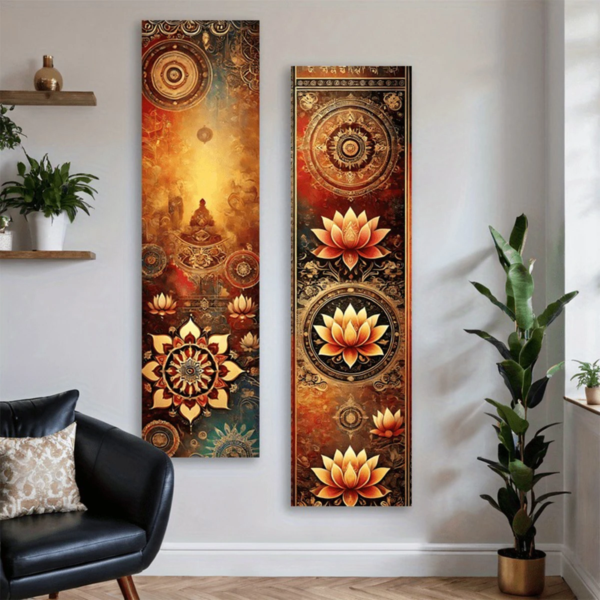 Golden Lotus & Buddha Mandala Vertical Tapestry Vibrant Polyester Aesthetic Art Tapestry Wall Hanging Lotus Flower Home Decor