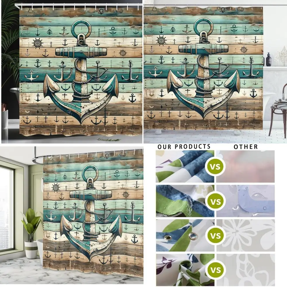 

занавеска для душа морской тематикой с деревенским якорем и состаренным деревом для декора ванной комнаты