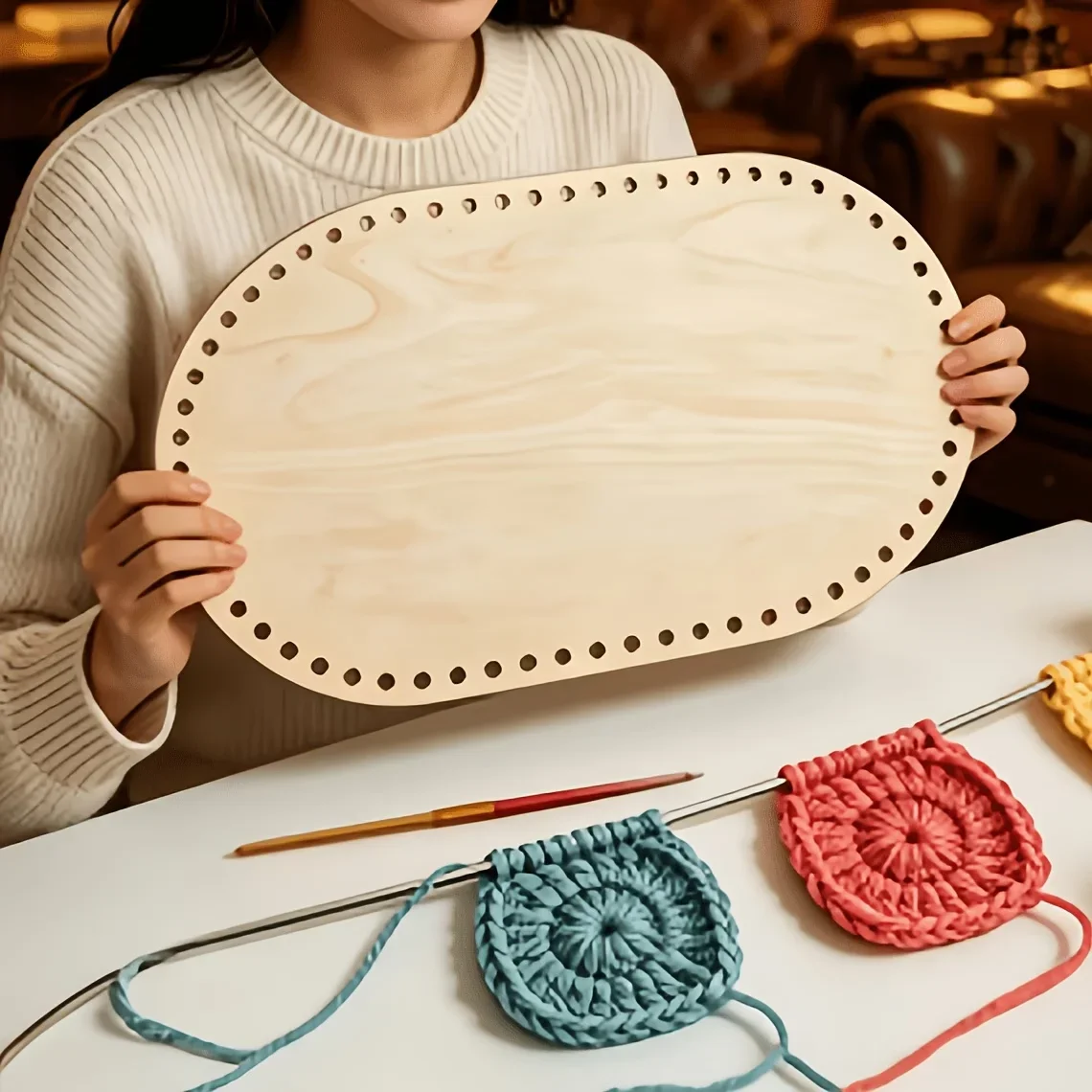 

Perforated Wooden Oval Base. Made of Thickened and Durable Natural Log Blank Board with Pre-drilled Holes Ideal for Crochet Work