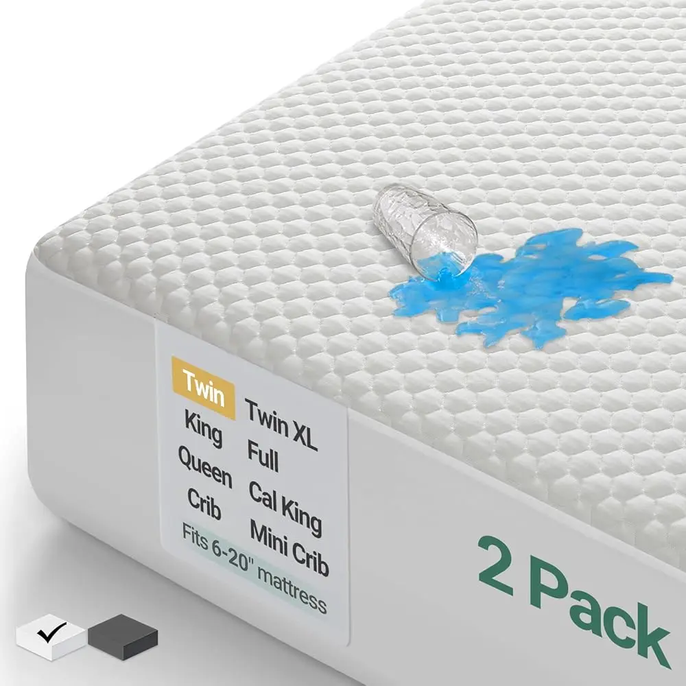 

100% Waterproof Mattr Protector, Twin-2 Pack, Fitted Sheet With Stretchable Pockets, Deep Sleep Noisel Soft. Breathable Cooling