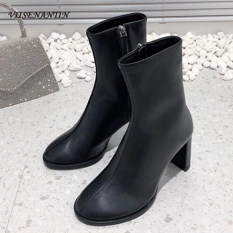 

8cm High Heel Women Elegant Short Boots Fashion Zipper Platform 2023 Autumn Winter Real Leather Chelsea Bota Zapatillas Mujer