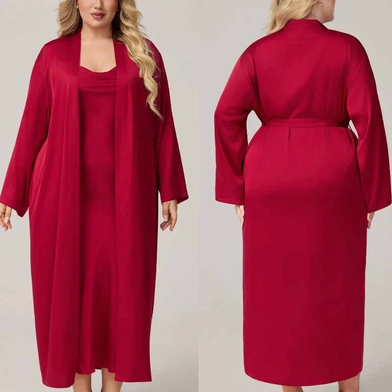 Krismile Pink Plus Size Robe Sets for Women 2025 Spring Autumn Luxury Satin Swing Collar Nightdress Long Sleeve Robe with Belt