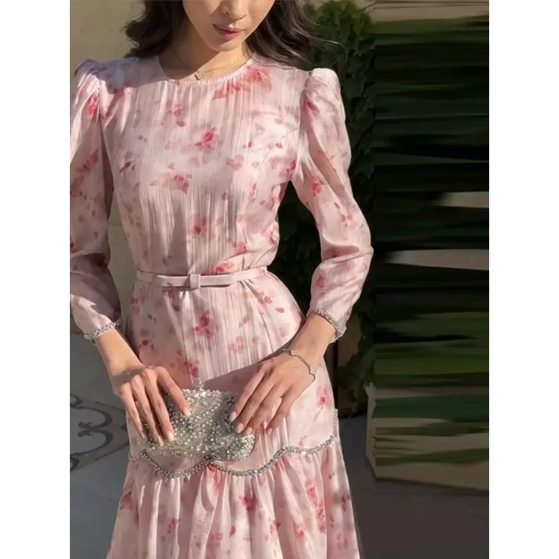 꽃 프린트 쉬폰 여성 드레스 3/4 오-넥 로맨틱 프렌치 비치 롱 드레스 여름 휴가 레이디 비치웨어