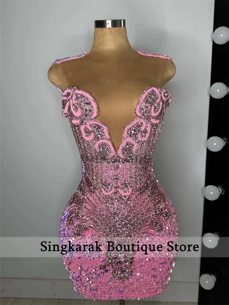 Sparkly Pink Diamonds Prom Dress 2024 For Black Girls Bead Crystal Rhinestones Birthday Party Cocktail Senior Homecoming Gown