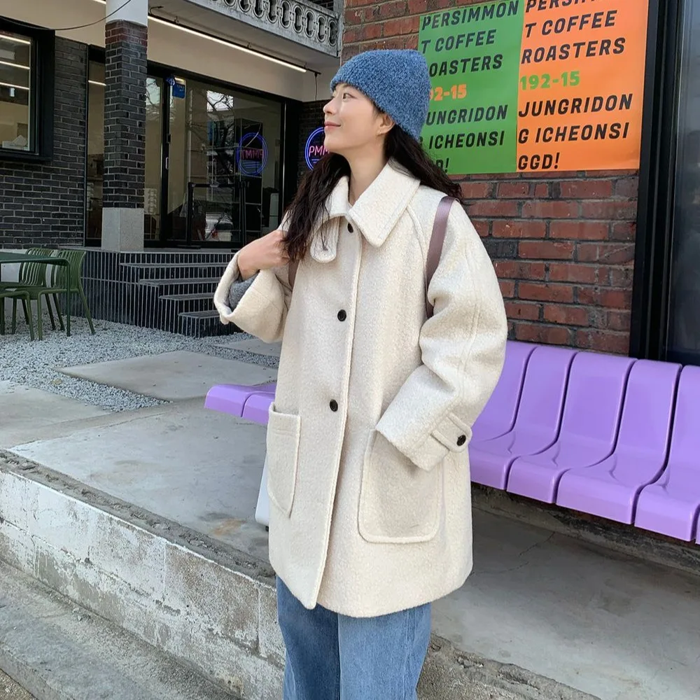 

Korean Sle Thiened Winter Coat Warm Cotton Lined Stand Collar Woolen Jaet Women's Faion Outerwear Medium Length