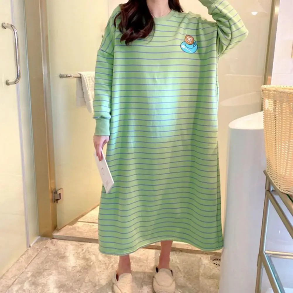 Beautiful Summer Nightdress Women Summer Short Sleeve Sleep Dress Cartoon Striped NightGowns Women Casual Nightwear