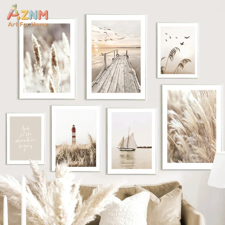 AZNM Neutral Beige Coastal Pampas Grass Canvas Wall Art Wooden Boardwalk Sea Sailboat Scenery Adventure Quote Print Boho Farmhou