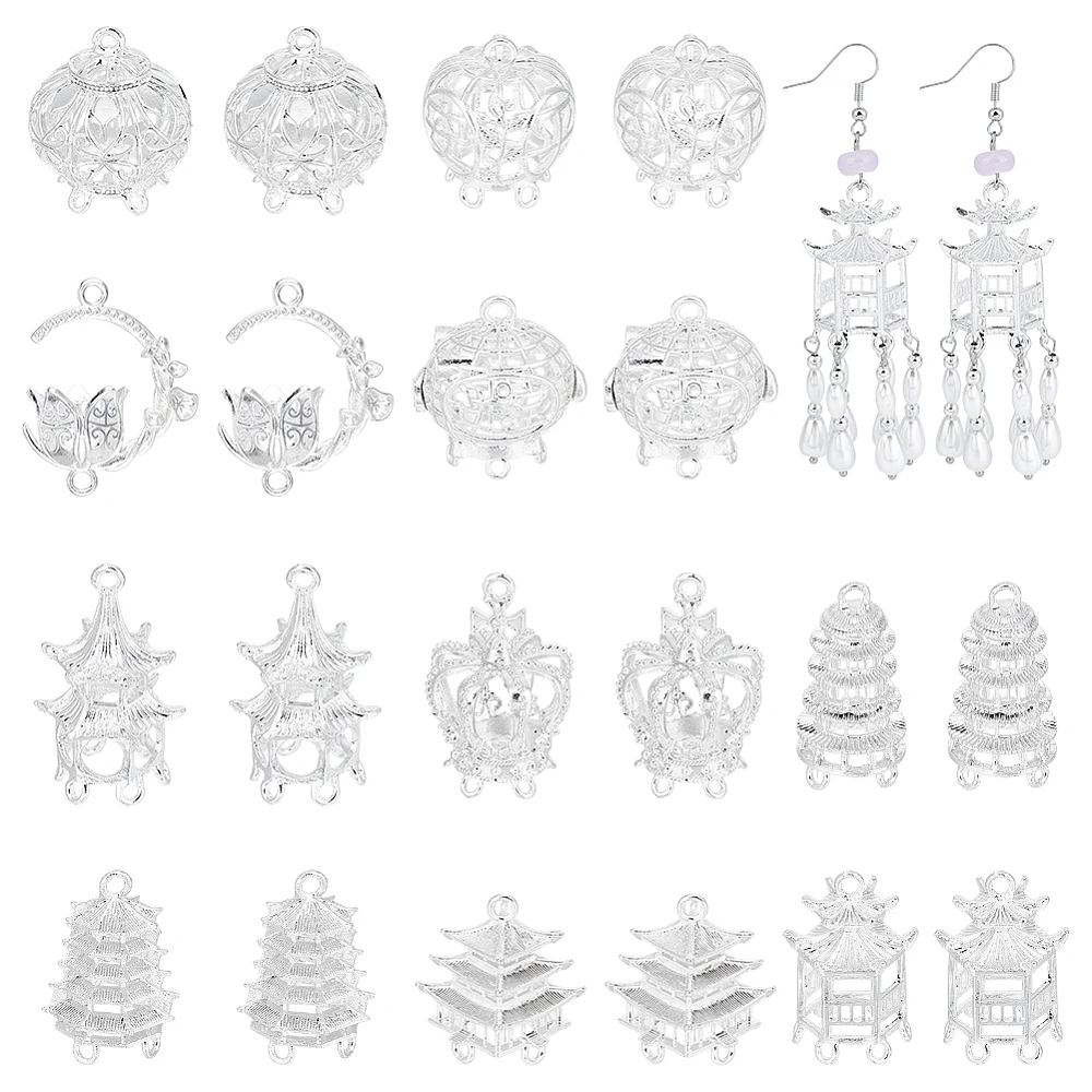 20pcs 10 Styles 3D Chandelier Component Links Charms Silver Building Pendant Charm Earring Chandelier Filigree Pendants Hollow