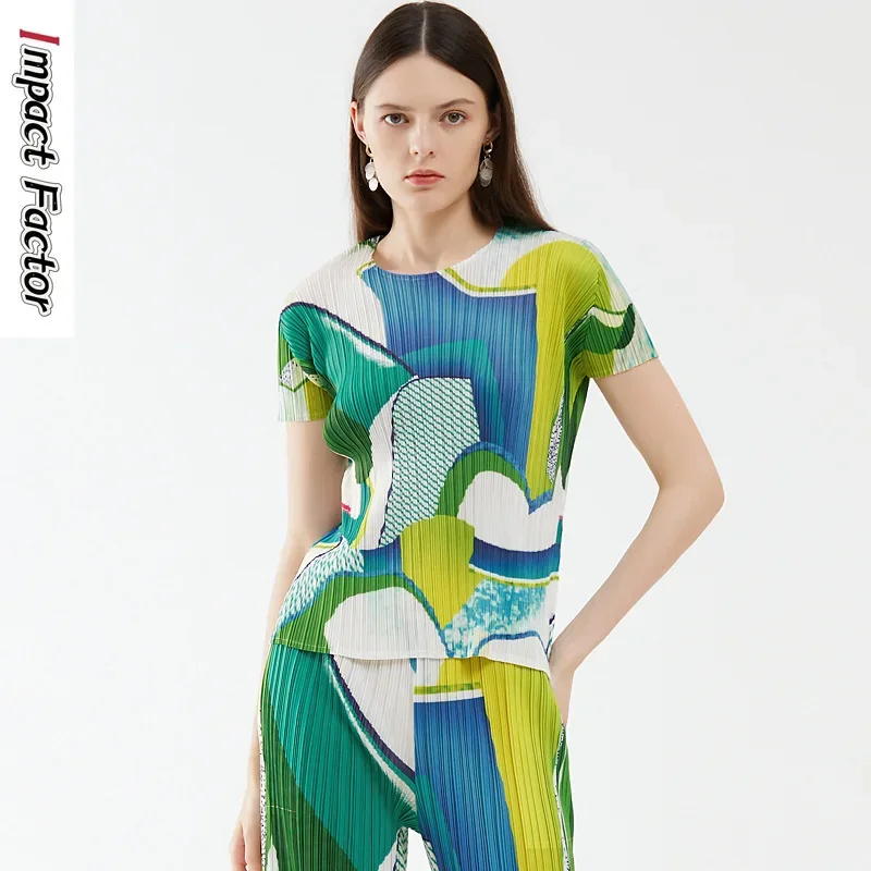 

Miyake Casual Printing Set, Summer New Women's Short Sleeved Top, Fashionable Korean Version, Draped Pants, Two-piece Set