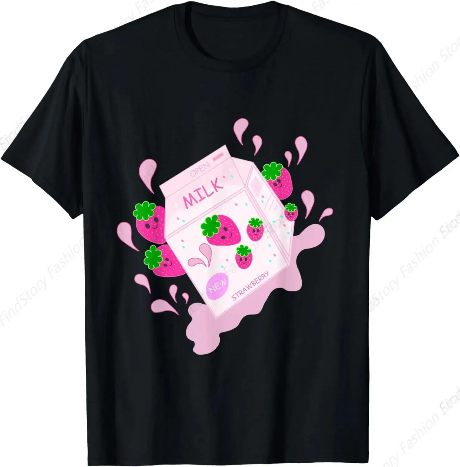 Splash Strawberry Milk Shake Carton T-Shirt for Men Washed Cotton Vintage Short Sleeve Crew Neck Clothing Fashion Streetwear