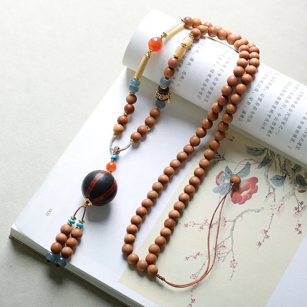 Hand-Woven Sandalwood Nanhong Agate Pearl Shell New Chinese Necklace Wenchuan Watermelon Dzi Bead Sweater Chain