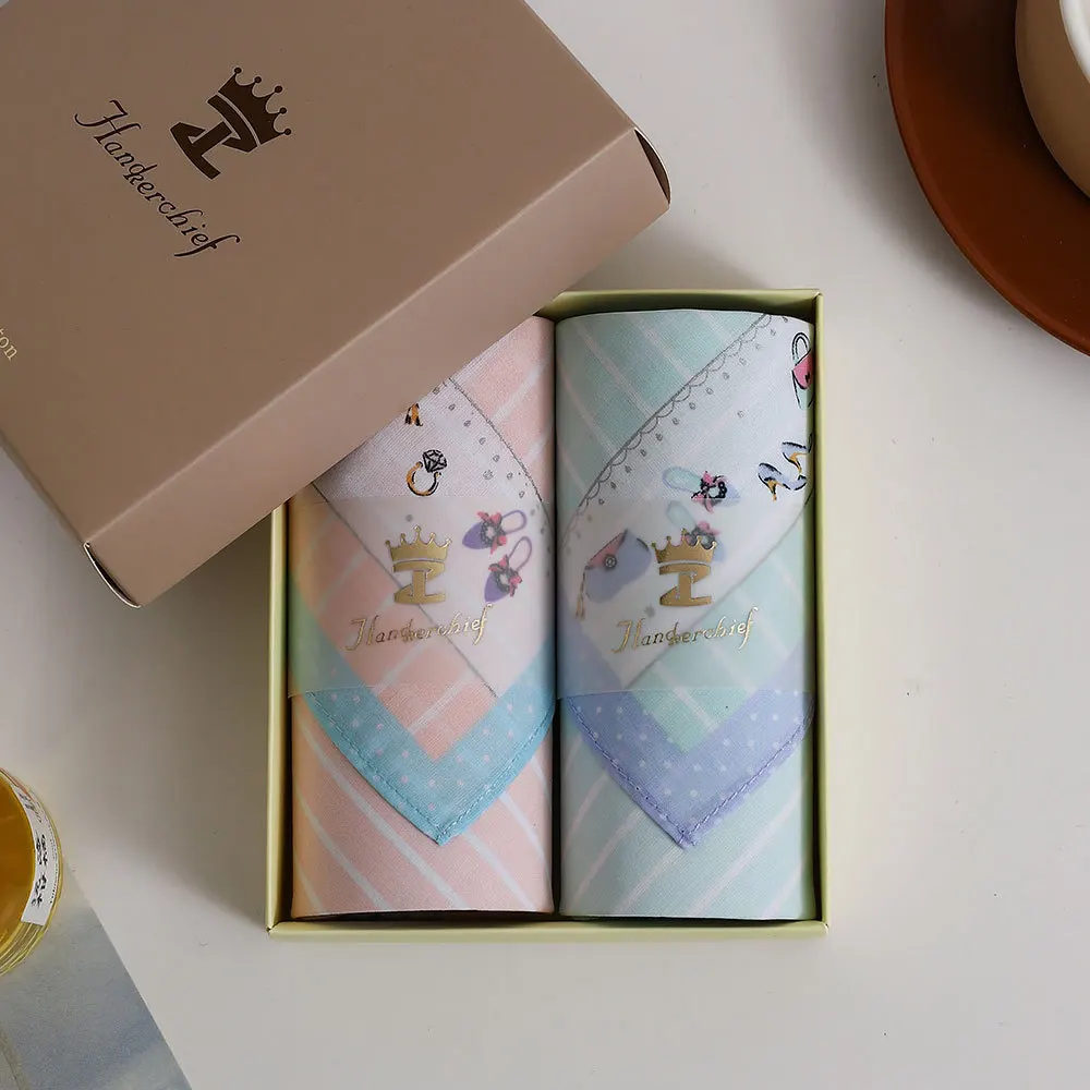 2Pcs Exquisite Gift Box Women's Pure Cotton Handkerchief Cute Light-colored Thin Absorbent Sweat Wiping Hand Towel 43cm