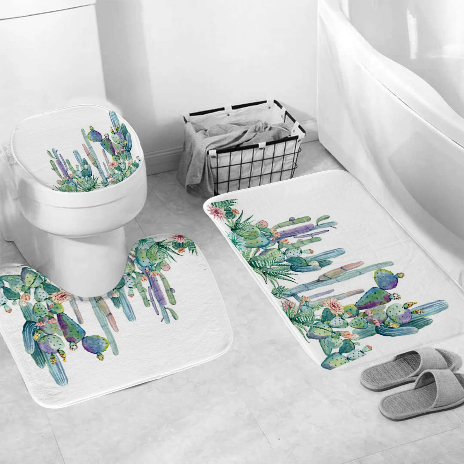 Botanical cactus print shower curtain minimalist polyester home décor bathroom curtain with hooks