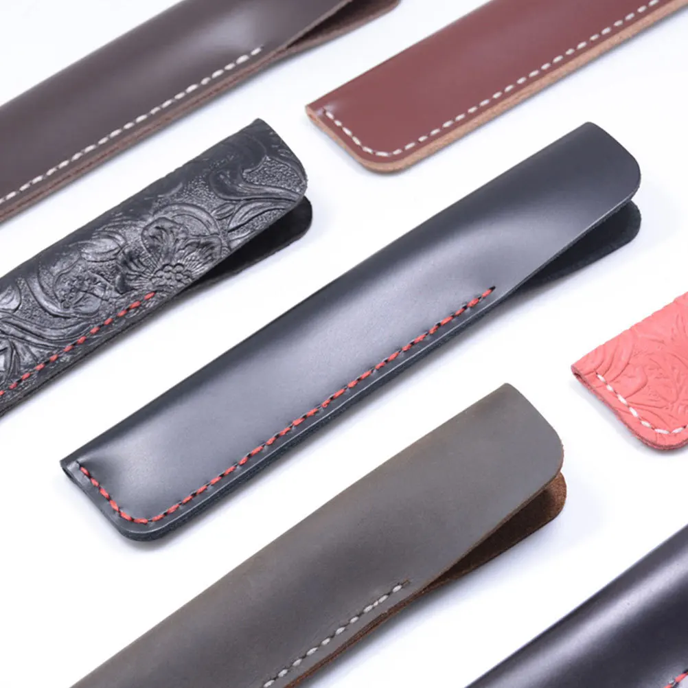 Pen Case Red Carving Handmade Cowhide Holder For Gift Office School Stationery Pouch Protective Sleeve Desk Organizer