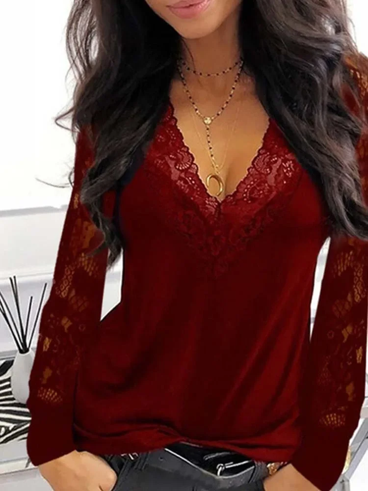 Stunning Lace Stitching V-Neck Tee with See-Through Long Sleeves for Women Y2k Clothes Thirt Shirt Femme