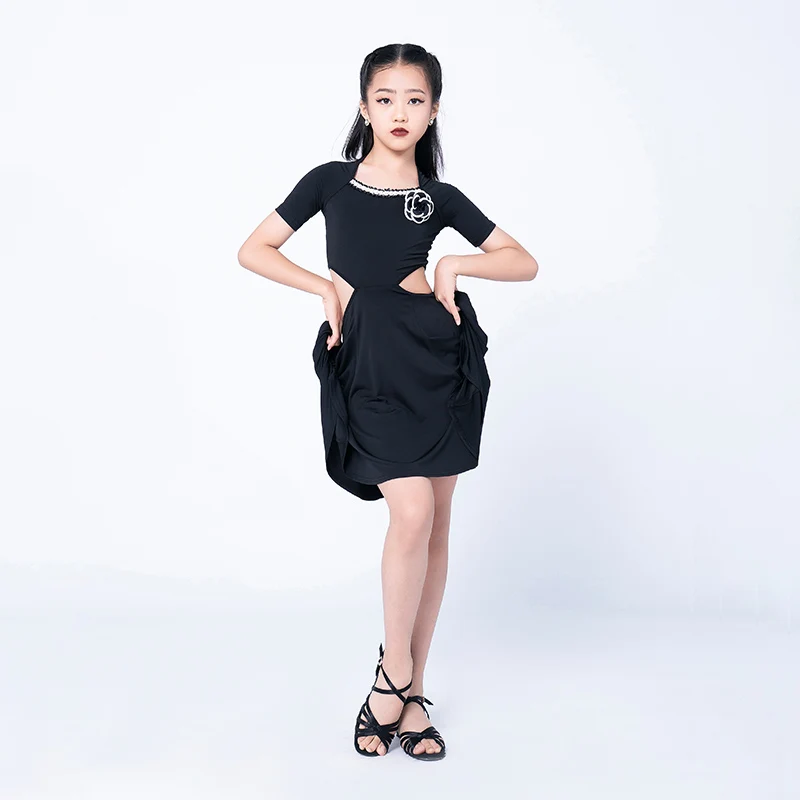 

Latin Dance Clothes Kids Pearl Short Sleeve Black Costumes Professional Ballroom Dance Competition Dress Samba Outfits DWY8790
