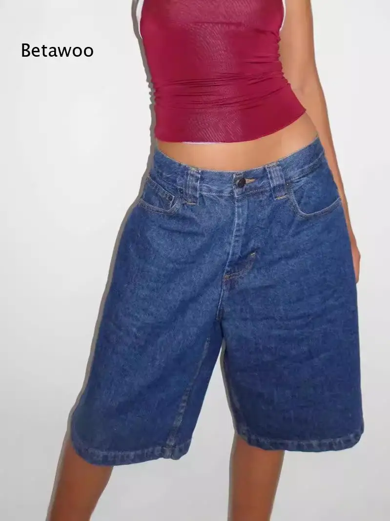 Gradient Black Washed Loose Straight Denim Bermuda Shorts Mid Rise Knee Length Women Casual Jeans view 2