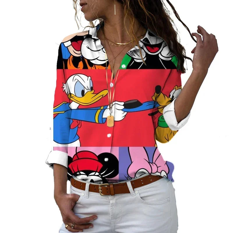 New 2024 Disney Harajuku Slim Fit 3D Printed Women Button Long Sleeve Lapel Mickey Minnie Donald Duck Casual Cute Shirt y2k