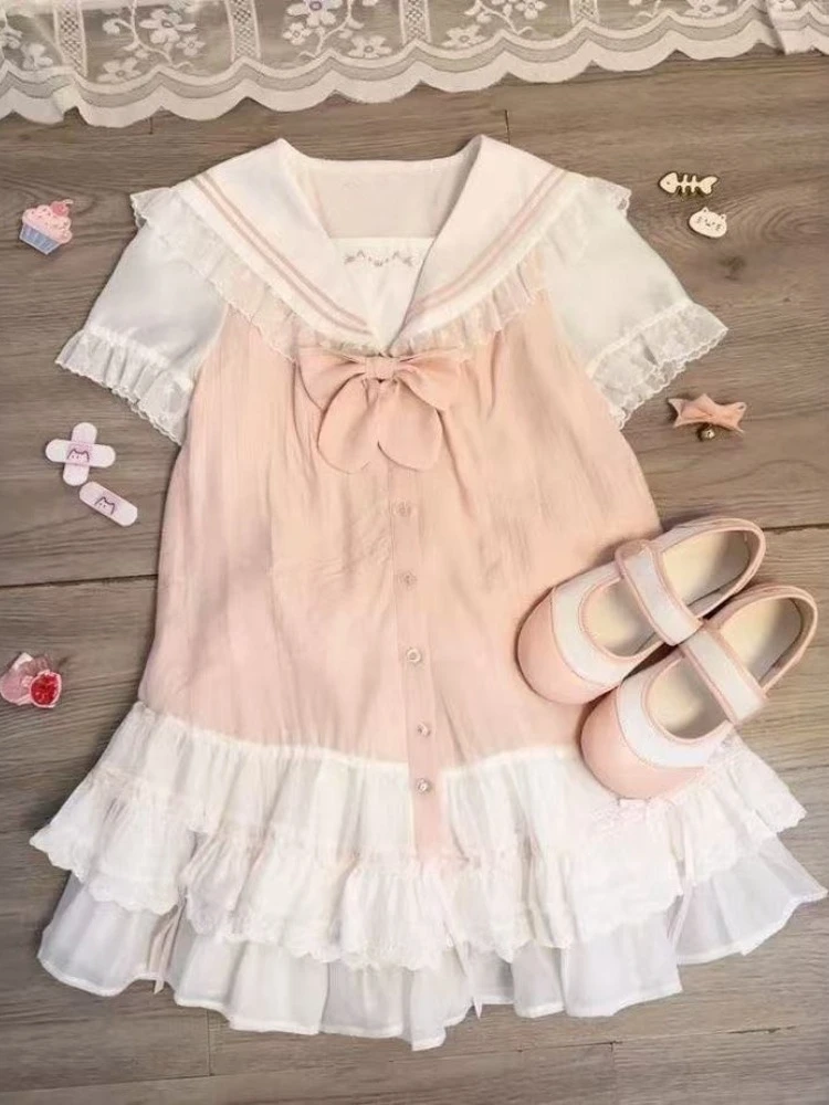 

Sweet Loose Preppy Style 2-piece Set Women Kawaii Bow Short Sleeve Pink Tops Elastic Waist Lace Lovely Short Skirt Summer Suit
