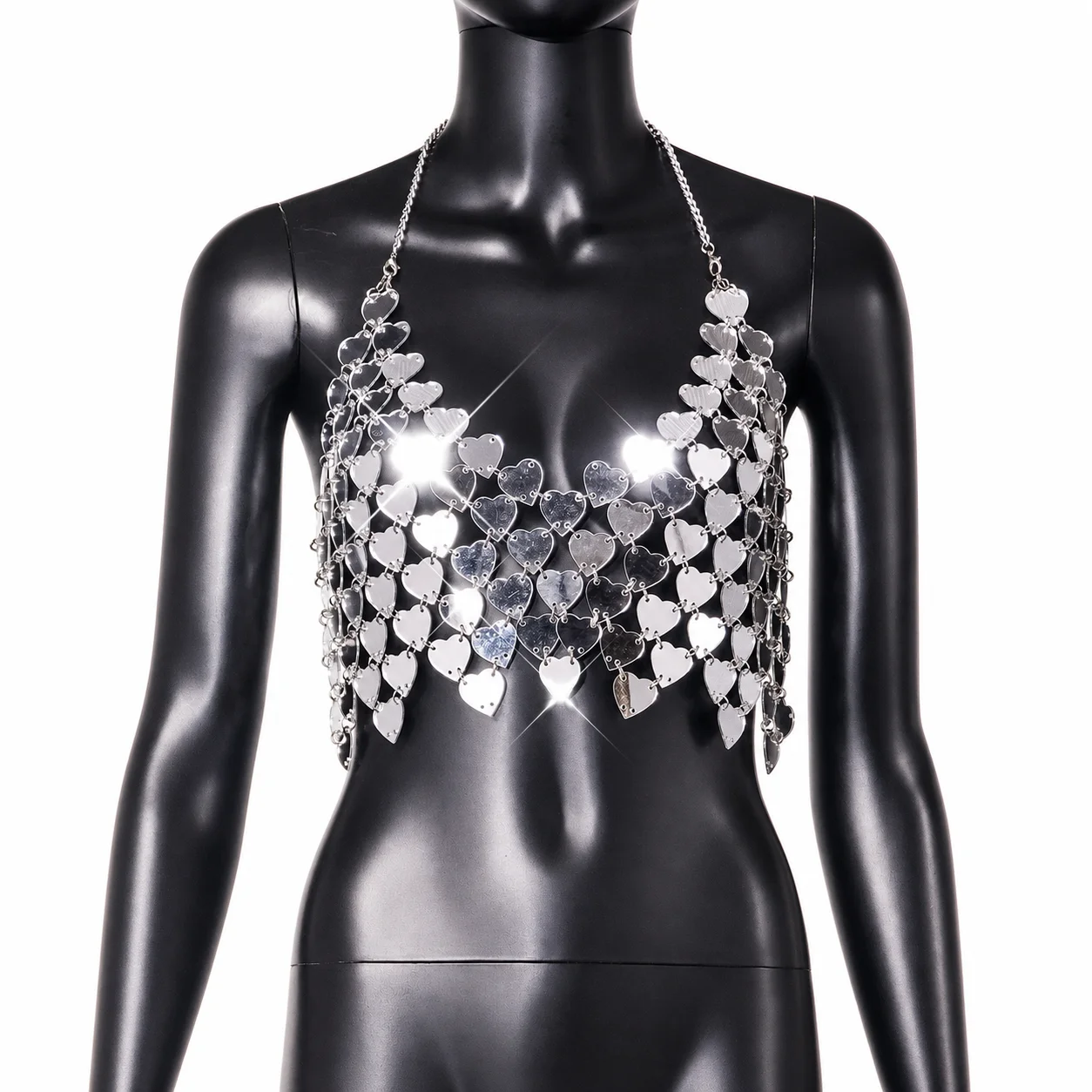 Heart Shaped Mirror Sequins Top Backless Detachable Straps Halter Top Silver Cami Top Shiny Backless Party Vest For Theme Travel