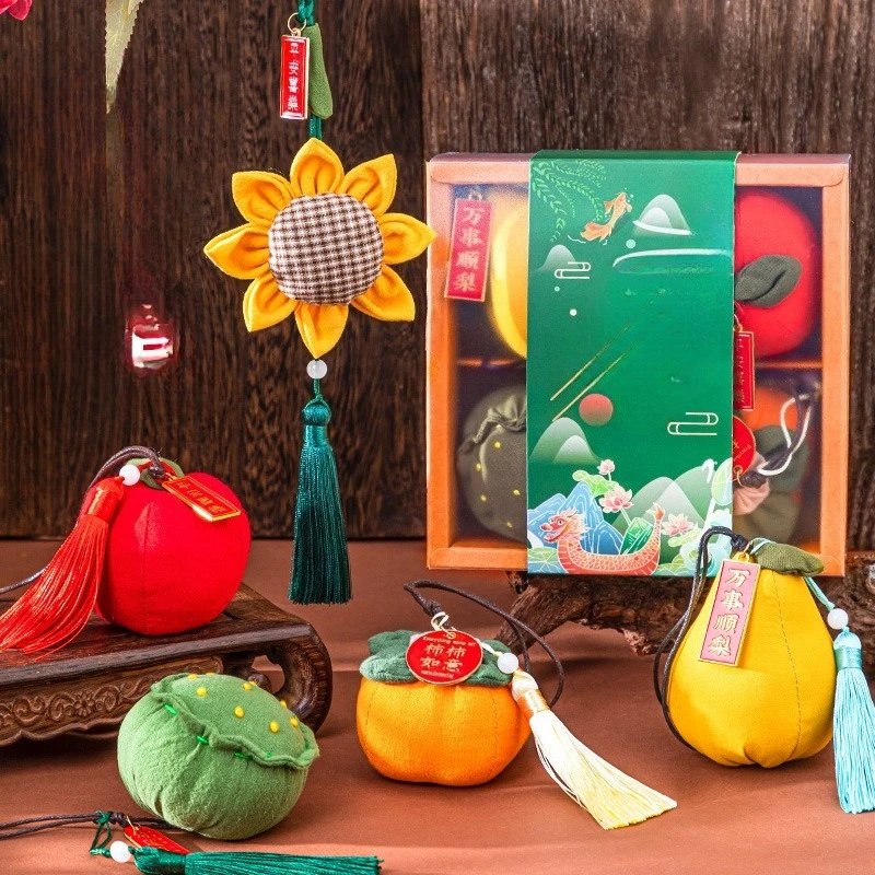 Dragon Boat Festival Persimmon & Lotus Root Sachet, Mugwort Embroidered Car Hanging Gift